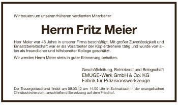 Traueranzeige von Fritz Meier von Pegnitz-Zeitung